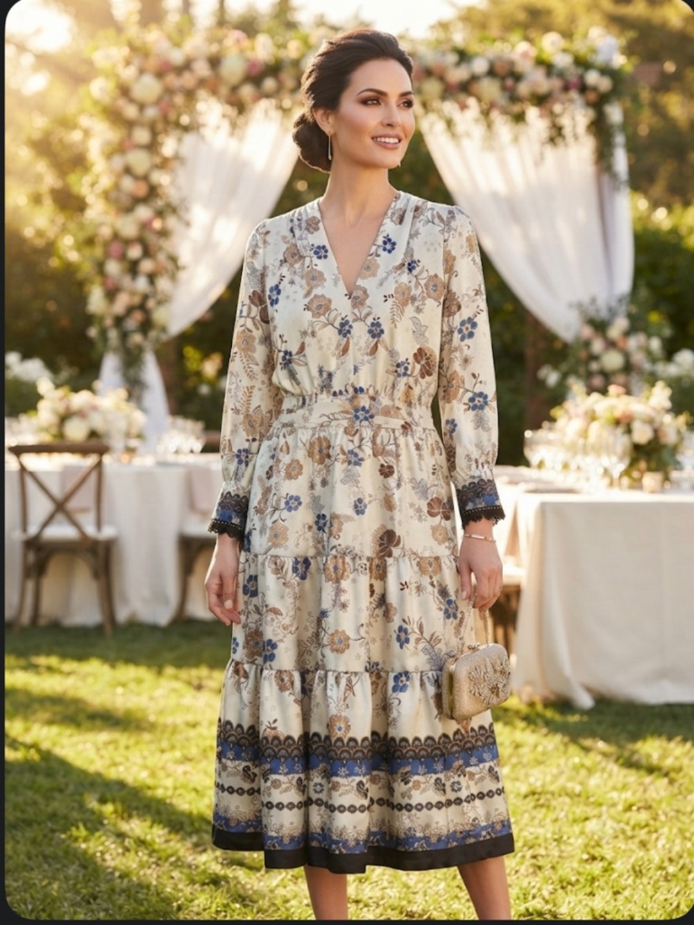 Anne Klein Cream Blue Floral Long Sleeve Tiered Midi Dress Sz 1X
